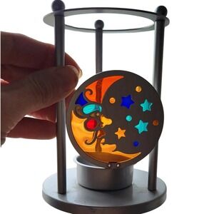 Axicon Celestial Moon Tea Light Holder 5.5" Silver Stained Glass Candle Holder